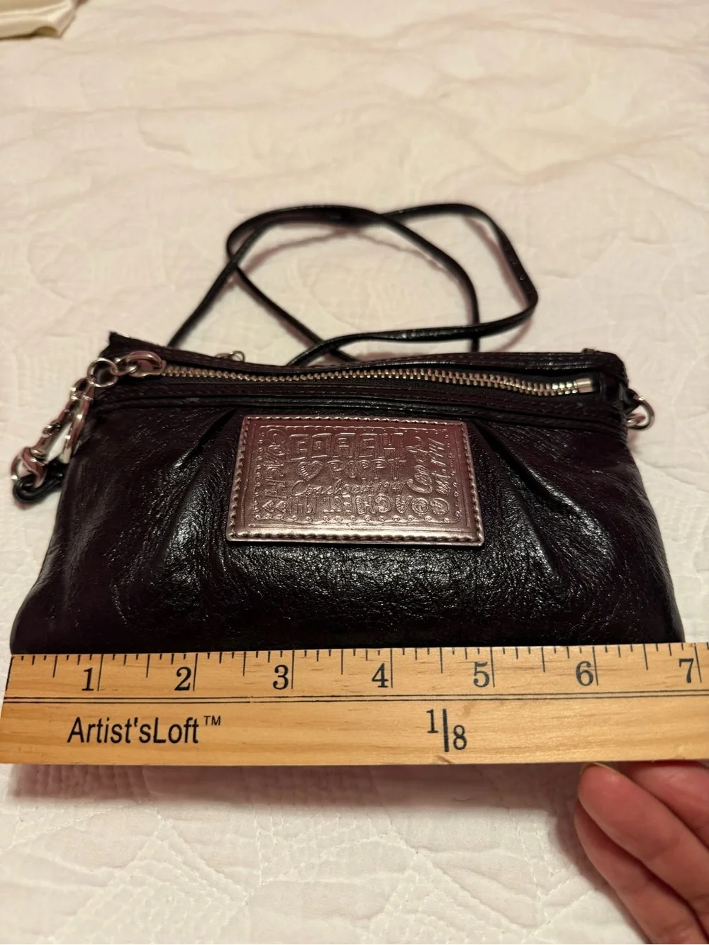 Coach Poppy Black Patent Leather Crossbody with Silver Plaque